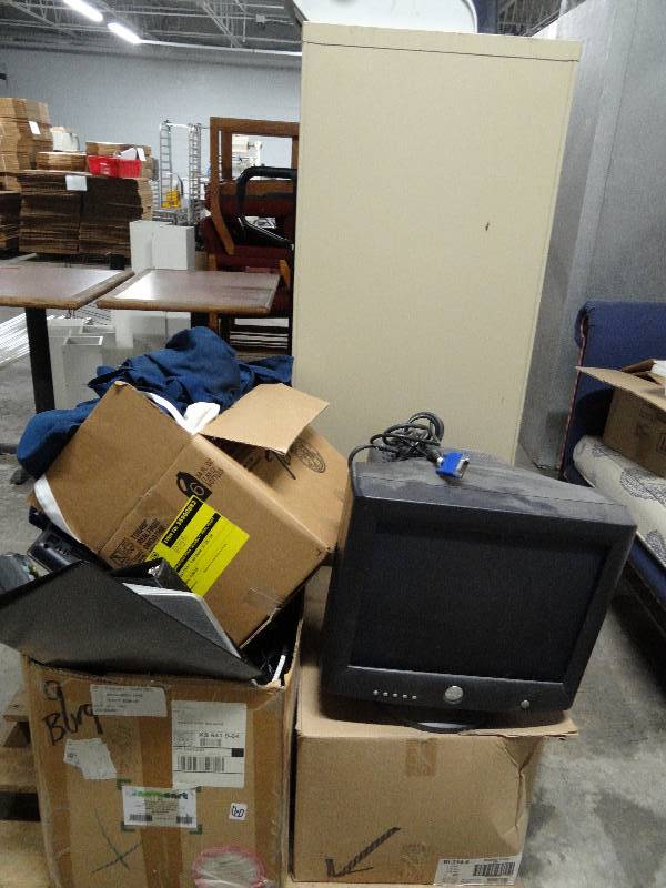 lot 2240 image: Pallet- File Cabinet, Aprons, HP LaserJet Printer and More