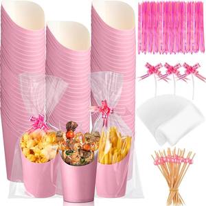 lot 1055 image: Bokon 14 oz Charcuterie Cup with Stick and Bag, Disposable French Fries Snack Popcorn Dessert Fruit Holder for Birthday Wedding Graduation Party Supplies(Pink)