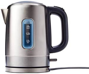 lot 1056 image: Amazon Basics Electric Stainless Steel Kettle for Tea and Coffee, BPA-Free, Fast Boiling, Auto Shut-Off, 1.1 Quarts, 1500W, Black and Silver