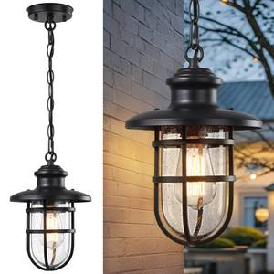 lot 1062 image: DOCIUEON Outdoor Pendant Lights for Porch, Black Exterior Hanging Lanterns Chandelier with Tempered Seeded Glass, Outdoor Ceiling Lights Fixtures for Front Patio Door Entrance Entryway