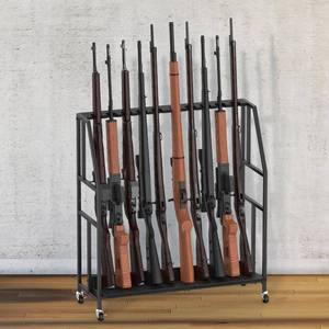 lot 1065 image: Gun Racks, Floor Standing Shotgun Rack Indoor Outdoor, Heavy Duty Metal Frame Wooden Rifle Racks with Wheels, Vertical Display Stand for Home Garage Gun Storage - Holds up to 10 Long Guns