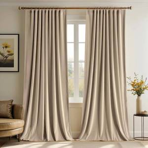 lot 1073 image: MIULEE Velvet Curtains 96 inches - Pinch Pleated Luxury Room Darkening Curtains for Bedroom Living Room Thermal Insulated Super Soft Window Drapes Back Tab, Camel Beige, W52 x L96 inch, 2 Panels