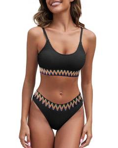 lot 2124 image: Fanuerg Womens Ribbed Bikini Sets Scoop Neck Swimsuit Color Block Trim Two Piece Bathing Suit Black XS
