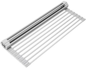 lot 2131 image: Surpahs Over Sink Foldable Multipurpose Roll-Up Dish Drying Rack, Silicone Wrapped Stainless Steel, Warm Gray, 17.5 x 13.1