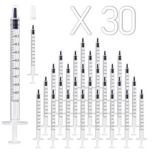 lot 2186 image: 30 Pack 1ml Plastic Syringe with Cap, Sterile and Individually Sealed for Measuring, Watering, Refilling, Feeding Pets, Scientific Labs, Oil or Glue Applicator