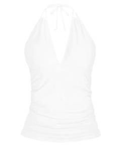 lot 2203 image: Yonique Womens Halter Tankini Top No Bottom V Neck Swim Top Tummy Control Bathing Suit Top White XL
