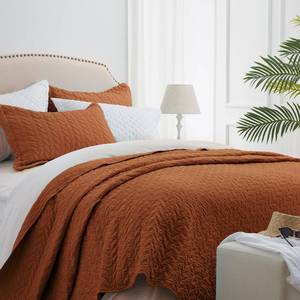lot 2231 image: SunStyle Home King Quilt with 2 Pillow Shams, King Size Quilt Bedding Set Brunt Orange Lightweight Bedspread Soft Reversible Coverlet for All Season 3pcs Leaf Embroidered Quilted BedSets(106x96)