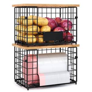 lot 5214 image: keomaisyto 2 Pack Trash Bag Holder, Stackable Wire Baskets with Bamboo Top for Pantry Organizers and Storage, Kitchen Organization Counter Storage Bins for PotatoOnionFruitVegetableProduce