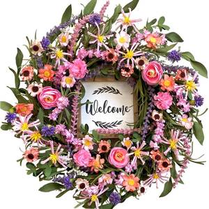 lot 5217 image: idyllic Spring Summer Wreath for Front Door - 22 Inch Artificial Floral Wreath with Roses, Wild Flowers, Leaves & Welcome Board - Farmhouse IndoorOutdoor Wall Decor