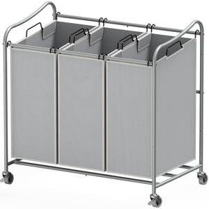 lot 5230 image: Simple Houseware Heavy-Duty 3-Bag Laundry Sorter Cart, Silver