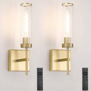 lot 5271 image: Gold Battery Operated Wall Sconce Set of 2, USB Rechargeable Wall Light with Remote Control, Brass Wireless Vanity Light Fixture with Bulbs(DC 5V), Glass Dimmable Sconce for Living Room Mirror Bedroom