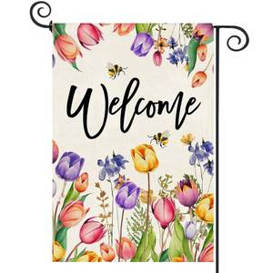 lot 6351 image: Baccessor Spring Summer Easter Tulip Welcome Garden Flag Double Sided Bee Colorful Floral Small Burlap Yard House Seasonal Farmhouse Outside Outdoor Decoration 12.5 x 18 Inch