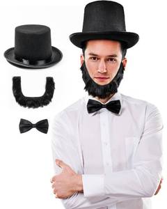 lot 6367 image: Abraham Lincoln Costume- 3 Pcs Black Top Hat Costume Set with Authentic Beard and Traditional Bowtie- Historic Presidents Day Costume for Adults - Patriotic Costume
