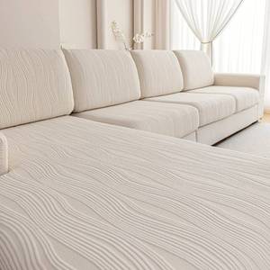 lot 6391 image: QIANMEW Couch Cushion Covers, Super Stretch Washable Sofa Slipcovers for L Shaped & Modular Seats, Pet-Friendly Furniture Protector with Stripe Design, (1 Chaise Cover, Ivory)