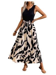 lot 6399 image: GORGLITTER Womens Floral Patchwork Maxi Dress Boho Ruffle Sleeveless Casual Summer Flowy Beach Vacation Sundress 2025 Black Medium