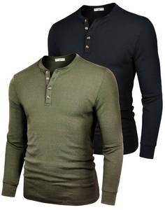 lot 6400 image: Derminpro 2 Pack Mens Cotton Lightweight Long Sleeve Henley Shirts Soft Casual Slim Fit T-Shirts Army & Black X-Large