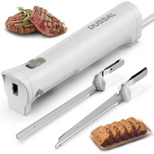 lot 6413 image: DUSSAL Electric Knife, Electric Carving Knife, 4 Stainless Steel Blades, Safety Lock Switch, Blade Release Buttons, OnOff button, Carving Meats, Poultry, Bread, Cheese & More (White)
