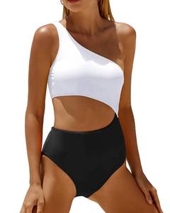 lot 6421 image: Womens One Piece Swimsuit- One Shoulder Bathing Suit Cutout Tummy Control Swimwear White and Black XS