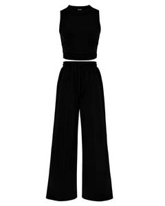 lot 6422 image: BTFBM Women Summer 2 Piece Outfits 2025 Beach Crew Neck Sleeveless Cropped Top Elastic Waist Wide Leg Pants Lounge Set(Black, Small)