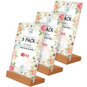 lot 6423 image: TONICE� 3 Pack 5x7 Acrylic Sign Holder Slant Back Design L Shape Clear Acrylic Frames Wood Base, Table Menu Display Stand Flyer Display for Desk Display (Optional 8.5x115x7 Inch LT Shape)