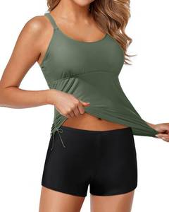 lot 6424 image: Yonique Two Piece Tankini Swimsuits for Women with Shorts Athletic Bathing Suits Tummy Control Swimwear Army Green L