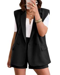 lot 6439 image: KIRUNDO Two Piece Summer Sets Black Casual Loose Lapel Sleeveless Blazer Jacket and Shorts Set Suit Business Casual Clothes for Women(Black, X-Large)