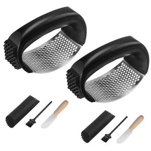 lot 6446 image: Ywmoml 2 Pack Garlic Press Rocker Set �� Innovative Stainless Steel Garlic Mincer & Crusher with 2 Peelers, 2 Scrapers, and 2 Brushes for Effortless Garlic Prep  Complete Garlic Tool Kit (BLACK)