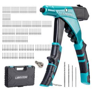 lot 6447 image: LIBRATON Professional Heavy Duty Rivet Gun, One-Handed Pop Rivet Gun Set, Robust Riveter with Shaft Container, Manual Riveting Tool, Tool-Free Interchangeable Heads, for Metal, Wood and Plastic