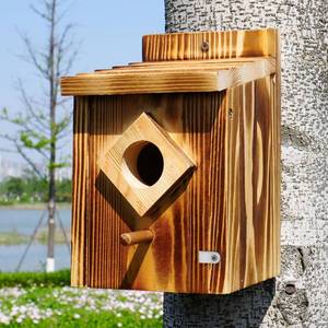 lot 6448 image: Waterproof Wooden Blue Bird House, Spray Paint Treatment Bluebird Box Houses for Outdoors, Nesting Box for Wrens, Swallows, Finches, Chickadee