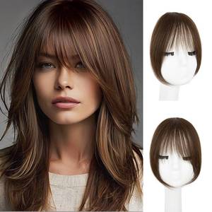 lot 6449 image: EINAEY Clip in Bangs, 100% Real Human Hair Brown Fake Bangs Clip in Hair Extensions French Bangs Fringe with Temples Hairpieces for Women Curved Curtain Bangs for Daily Wear