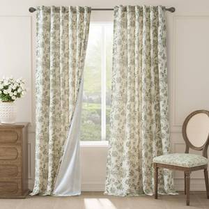 lot 6458 image: jinchan Lined Linen Floral Curtains for Living Room, 96 Inch Length Printed Flower Farmhouse Patterned French Country Back Tab Green Window Drapes Set Privacy Bedroom Curtains, 2 Panels