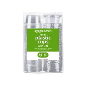 lot 6464 image: Amazon Basics Disposable Plastic To-Go Cups and Lids, Mini, 2oz, 50 Count