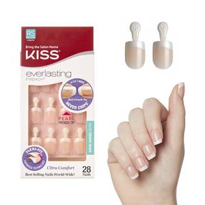 lot 6466 image: Kiss Everlasting French Nail Manicure, Chip-Free, Flexi-Fit Technology, Real Short, String of Pearls, Nail Kit with Pink Nail Glue (Net Wt. 2g  0.07oz), Mini File, Manicure Stick, and 28 Fake Nails