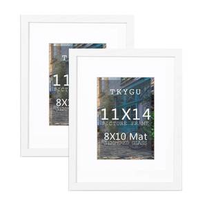 lot 9052 image: TKYGU 11x14 White Picture Frame with mat 8x10 set of 2, Minimalist 11x14 Poster Frame, Modern Style Wood Composite frames Tempered Glass for Wall Art Photo and Prints for Home Decor best gift