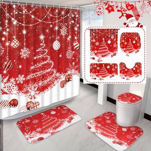lot 9067 image: 4 Pcs Christmas Shower Curtains Set Christmas Tree Snowflake Red Ombre Bathroom Sets with Non-Slip Rugs, Toilet Lid Cover, Bath Mat, 12 Hooks Christmas Shower Curtain for Bathroom Holiday Decor (3 in Lot)