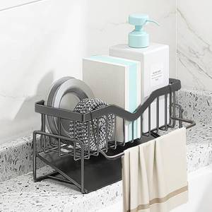 lot 9078 image: DMJWAN Kitchen Sink Caddy Organizer, 304 Stainless Steel Sponge Holder Sink Caddy with Auto Drain Tray, Holds Sponge, Dish Soap Dispenser, Cleaning Towel, Scrubber, and Utensils