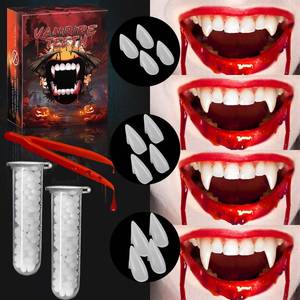lot 10154 image: CPSYUB Vampire Teeth Fangs, 6 Pairs 3 Sizes, Kids Vampire Fangs Halloween Accessories, Party Cosplay Props, Party Decor, Sharp Fake Teeth with Glue (4 Boxes in Lot)