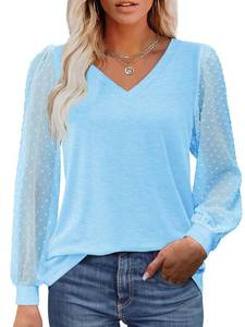 lot 10155 image: Bellcoco Womens Dressy Casual Blouses Long Sleeve Tops V Neck Shirts Casual Swiss Dot T-Shirt Sheer Puff Sleeve Shirts(Lightsky Blue 2 in Lot One S One XL)