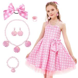 lot 10163 image: PARTTELY Girls Pink Plaid Costume Dress Movie Cosplay Dress up Kids Gingham Tulle Tutu Outfits with Accessories 3-14T