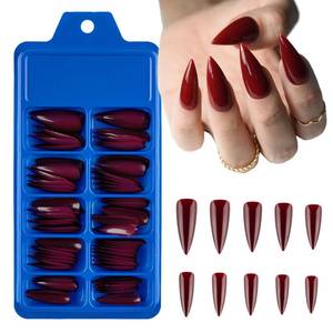 lot 10213 image: Long Stiletto Press on Nails Glossy Fake Nail Kit Full Cover Press on Nails Halloween False Nail Stick on Nails Wine Red Solid Color Almond Artificial Nails Set for Women DIY Manicure 100 Pcs
