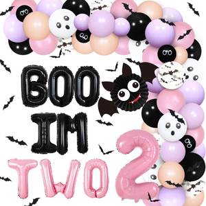 lot 10268 image: Halloween 2nd Birthday Party Decorations, Boo Im Two Decor Birthday Girl, Pink Orange Purple Balloon Garland, Boo Im Two Bat Ghost Number 2 Foil Balloon Bat Halloween Stickers for 2 Year Old Girl