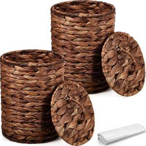 lot 11416 image: Ctosree 2 Pcs Wicker Trash Can Basket Woven Waste Basket with Lid Bathroom Wastebasket Garbage Bin with 100 Pieces of Trash Bags for Bedroom Farmhouse Home Office Kitchen(Deep Coffee, Small)