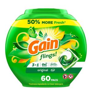 lot 11423 image: Gain Flings Original Scent HE Compatible Laundry Detergent Soap Pacs - 42oz60ct
