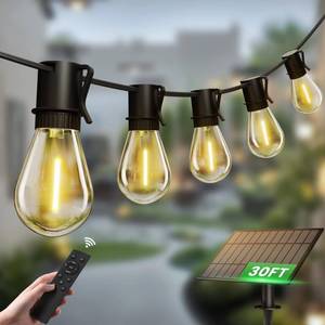 lot 11425 image: Outdoor Solar String Lights, 30FT Waterproof S14 LED Patio Lights with 13 Shatterproof Bulbs, USB Rechargeable, 2200K Warm White, Energy-Saving Hanging for Garden, Porch, Bistro, Camping