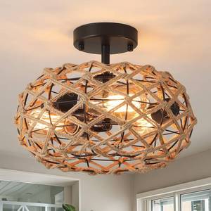 lot 11429 image: 3-Light Coastal Woven Flush Mount Ceiling Light Fixture 13.38 inch Boho Rustic Handmade Hemp Rope Round Cage Semi Flush Mount Ceiling Light for Hallway Hall Entry Bedroom Farmhouse Beach, Black