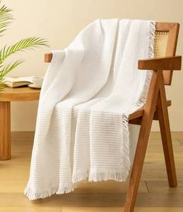 lot 11467 image: Vitalizart White Throw Blanket for Couch Sofa Bed Waffle Knit Fringe 50 x 60 Lightweight Blankets & Throws for Home Living Room Farmhouse Decor Boho Cotton Weave