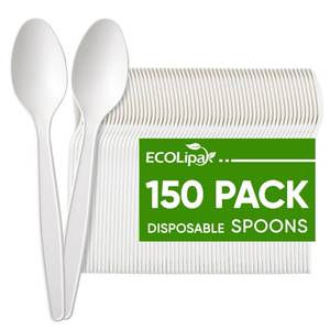 lot 11482 image: ECOLipak 150 Pcs White Disposable Spoons, 6.7 Inch Large Size Heavy Duty No Plastic Spoons for Party, BBQ, Picnic