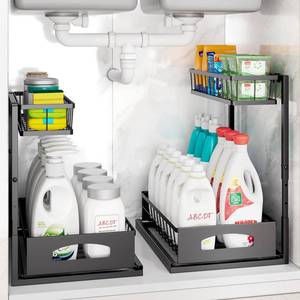 lot 11491 image: Under Sink Organizer , 2 Pack Height Adjustable Cabinet Organizer with Slide Out Drawer, Pull Out Under Sink Storage, Multi-Purpose 2 Tier Sink Shelves for Kitchen Bathroom Pantry (Black, 2 Pack)