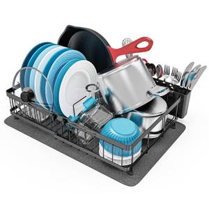 lot 11497 image: GSlife Large Dish Drying Rack - Full Size Expandable Dish Racks for Kitchen Counter, Rust Resistant Dish Drainer with Absorbent Drying Mat Cutlery Holder, 16.5-21.3 L x 14.7 W, Black