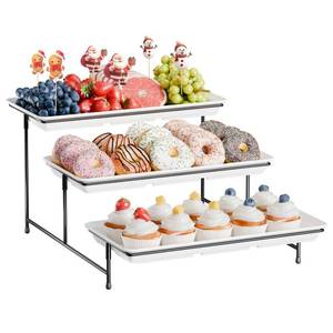 lot 11500 image: 3-Tier Melamine Serving Tray Set, 14x7 Platters for Serving Food, White Reusable Trays with Black Metal Display Stand for Cupcakes, Sevring Food, Dessert, Fruit, Cookie, Black